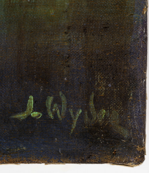 Stylizowana scena ewangeliczna we wnętrzu – kuszenie Chrystusa. Postać Chrystusa w jasnej szacie z długimi rękawami ujęta centralnie, zwrócona w lewą stronę. Obie ręce wyciągnięte ku stojącemu z lewej strony łysemu, pochylonemu mężczyźnie ze spiczastą bródką, który ubrany jest w czerwony, przepasany kaftan z białym kołnierzykiem oraz szmaragdowe rajtuzy. Mężczyzna w zgiętej, wyciągniętej lewej dłoni podaje Chrystusowi złotą monetę. Postać mężczyzny wyłania się z otworu drzwi, które zajmują całą lewą stronę płótna. W głębi, za Chrystusem widoczny leżący na podłodze kubiczny podest oraz rozwieszona na tle ściany kotara o oranżowo-czerwonej barwie. Postaci rzucają wyraźne cienie. Cień Chrystusa, o monumentalnej skali, widoczny jest na kotarze. Barwy opalizujące – zielenie, ugry, żółcienie z akcentami czerwieni, oranżu. Obraz malowany gładko.