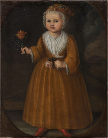 Na ciemnym tle - owalnym w prostokącie - przedstawiona kilkuletnia dziewczynka. W pozie stojącej, nieznacznie zwrócona w 3/4 lewą stroną do widza. Buzia pełna, szare oczy, drobne usta. W prawej, nieco uniesionej ręce trzyma czerwono-oranżowy tulipan i niebieski hiacynt; w lewej - różową różę. Ubrana w jasną, ugrową sukienkę o odcieniu miodowym, suto marszczoną w pasie, z długimi rękawami wykończonymi delikatną, białą koronką. Na piersiach biała chusta, spod której widać podobne jak przy rękawach wykończenie dekoltu. Na głowie miodowy czepiec z akcentami błękitu i czerwieni, wykończony nad czołem koronką. Czerwone trzewiki. Tło ciemne, po prawej zamarkowane niebo z obłokami, również w ciemnych barwach.