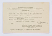 Rękopis Józefa Czechowicza, tekst zapisany czarnym ołówkiem na odwrocie kartonika (wym. 10 x 15 cm), na którym po stronie recto zanajduje się drukowany formularz zaproszenia na 