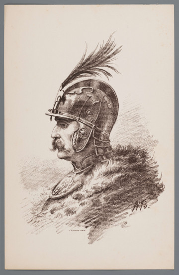 ML/H/1561/3 - Popiersie mężczyzny w zbroi husarskiej, profilem. Na głowie hełm rycerski z ozdobiony piórami. Na ramionach futro. Twarz poważna, z wąsami. Głowa i detale chełmu opracowane szczegółowo i dokładnie, dolna część zbroi i futro- szkicowo.