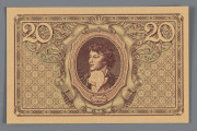 N/Bn/1119/ML - Aw. W ozdobnej ramce w rogach wielokąty z oznaczeniem wartości - 20; u góry w poziomie słownie - DWADIESCIA, po bokach - MAREK, u dołu sankcja karna za podrabianie, fałszowanie lub puszczanie w obieg podrobionych bądź fałszywych pieniędzy.
W polu od góry: BILET / POLSKIEJ KRAJOWEJ KASY / POŻYCZKOWEJ
Niżej: Państwo Polskie przyjmuje odpowiedzialność za / wymianę niniejszego biletu na przyszłą polska walutę według stosunku, / który dla Marek Polskich uchwali Sejm Ustawodawczy. / Warszawa, dnia 17 maja 1919 roku. / DYREKCJA / Polskiej Krajowej Kasy Pożyczkowej
Podpisy: Ernest Adam, Józef Zarzycki
Główny Skarbnik: Marian Karpus
U dołu: DWADZIEŚCIA  / MAREK POLSKICH
z Lewej odwrócone litery PKKP
Seria i numer: C 694186

Rw. W polu centralnym ozdobny medalion z popiersiem mężczyzny zwróconym en trois quarts w lewo z wizerunkiem najprawdopodobniej napoleońskiego adiutanta generała Józefa Kossakowskiego, błędnie opisany na banknocie jako Tadeusz Kościuszko. 
tło siatkowe z motywami akantu. W góry z lewej i prawej strony oznaczenie nominału - 20
U dołu, po bokach kartusza inicjały autora:  A. – P.