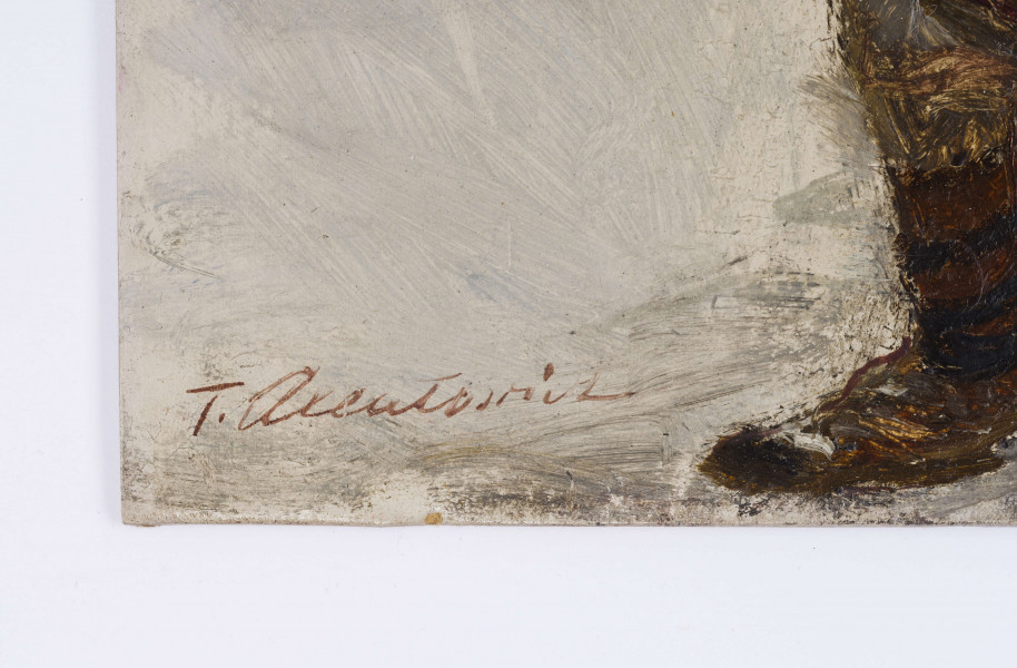 Scena rodzajowa związana z obrzędami Hucułów. Fragment jednej z licznych wersji Święta Jordanu. W zimowym pejzażu - na tle pola przykrytego śniegiem i zamarkowanego pejzażu- górą. Kroczące postaci kilkunastoleniej dziewczyny i starca - ukazane w zwrocie 3/4 lewą stroną do widza. Z lewej- dziewczyna w brązowym, ciemnym korzuchu i w zielonej chusteczce zawiązanej z tyłu głowy, trzymająca w prawej, wyciągniętej nieco do przodu ręce- zapalona dużą świecę. Za nią po prawej - idzie starzec w ugrowym korzuchu z czarnym, futrzanym kołnierzem, trzyma w lewej ręce kapelusz. Włosy - w nieładzie, wąsy i zamarkowany zarost twarzy. W lewym g.r. - zamarkowana postać. 
