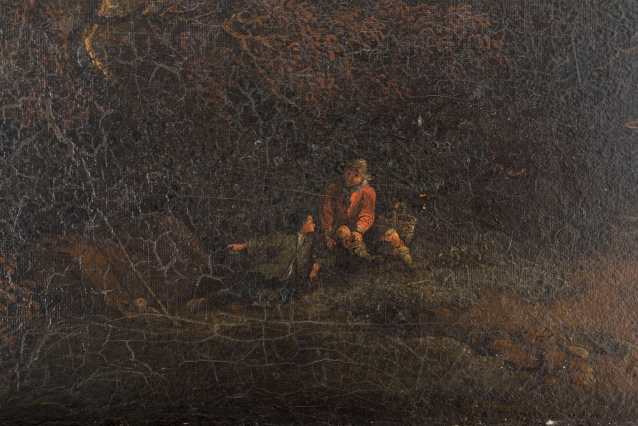 Kompozycja podzielona horyzontalnie na dwie części: na dole pasma gór o łagodnych zboczach porośniętych lasem, u góry niebo z obłokami. Na pierwszym planie jezioro, wokół niego postacie ludzi, po prawej przy krawędzi wysokie drzewo z koroną na tle nieba; barwy ciemne, odcienie zieleni i brązu. Na dalszym planie pasma gór oddalające się do linii dalekiego horyzontu, w odcieniach błękitu z zastosowaniem perspektywy powietrznej. Niebo błękitne rozświetlone od prawej złotym światłem słońca padającym spoza obrazu, w centrum rozwiane podświetlone obłoki; drobne sylwetki lecących ptaków. 