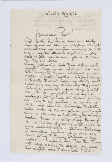 List Józefa Czechowicza do Władysława Sebyły, Lublin, 10 XII 1932 r., rękopis, wym. 22,5 x 14,2 cm, k. 2 r. i v.
Arkusz papieru zapisany czarnym atramentem po obu stronach: karta verso zapisana w całości, w górnej części karty recto zamieszczono ostatni akapit listu. Pod tekstem podpis Czechowicza: 