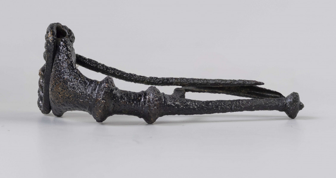 Fibula z brązu o ośmiozwojowej sprężynie i górnej cięciwie. Główka rozszerzająca się ku sprężynie, z dwoma grzebykami na kabłąku i trzecim na końcu nóżki. Typ Almgren 65 ?