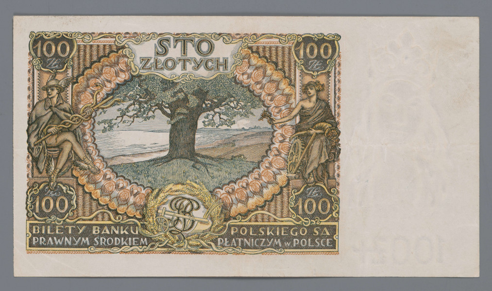 N/Bn/1361/ML - Aw. W lewym marginesie znak wodny: popiersie królowej Jadwigi / 100 ZŁ. W prostej ramce w górnych rogach u góry: 100 – 100. Z lewej w medalionie: ZŁ / 100 / ZŁ, z prawej portret ks. Józefa Poniatowskiego. U góry skrzydlaty Hermes kaduceuszem i wstęgą, z czterokrotnie powtórzoną wartością: 100. Niżej na tle godła Rzeczypospolitej napis: STO / ZŁOTYCH / WARSZAWA D. 9. LISTOPADA 1934 R. / PREZES BANKU / NASZELNY / DREKTOR – SKARBNIK
Podpisy odpowiednio: Władysław Wróblewski, Leon Barański, Stanisław Orczykowski
Niżej półrozeta z wartością: 100. U dołu w ramce: BANK POLSKI
Seria i numer: Ser. B M. – 9447588

Rw. W polu centralnym, w ozdobnym owalu, dąb z Wiśniowej z widokiem na morze. Po bokach postać Hermesa i Fortuna, symbolizujące przemysł i handel. Centralnie u góry w kartuszu: STO / ZŁOTYCH. Niżej, na osi, w wieńcu  z kłosów zboża monogram BP i pług - atrybut rolnictwa. W rogach powtórzenie wartości: 100. U dołu w ramce napis, rozdzielony przez opisany wyżej wieniec z kłosów: BILETY BANKU – POLSKIEGO SĄ / PRAWNYM ŚRODKIEM – PŁATNICZYM w POLSCE
