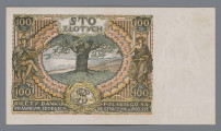 N/Bn/1361/ML - Aw. W lewym marginesie znak wodny: popiersie królowej Jadwigi / 100 ZŁ. W prostej ramce w górnych rogach u góry: 100 – 100. Z lewej w medalionie: ZŁ / 100 / ZŁ, z prawej portret ks. Józefa Poniatowskiego. U góry skrzydlaty Hermes kaduceuszem i wstęgą, z czterokrotnie powtórzoną wartością: 100. Niżej na tle godła Rzeczypospolitej napis: STO / ZŁOTYCH / WARSZAWA D. 9. LISTOPADA 1934 R. / PREZES BANKU / NASZELNY / DREKTOR – SKARBNIK
Podpisy odpowiednio: Władysław Wróblewski, Leon Barański, Stanisław Orczykowski
Niżej półrozeta z wartością: 100. U dołu w ramce: BANK POLSKI
Seria i numer: Ser. B M. – 9447588

Rw. W polu centralnym, w ozdobnym owalu, dąb z Wiśniowej z widokiem na morze. Po bokach postać Hermesa i Fortuna, symbolizujące przemysł i handel. Centralnie u góry w kartuszu: STO / ZŁOTYCH. Niżej, na osi, w wieńcu  z kłosów zboża monogram BP i pług - atrybut rolnictwa. W rogach powtórzenie wartości: 100. U dołu w ramce napis, rozdzielony przez opisany wyżej wieniec z kłosów: BILETY BANKU – POLSKIEGO SĄ / PRAWNYM ŚRODKIEM – PŁATNICZYM w POLSCE
