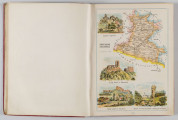 ML/H/650 - Okładka twarda, obklejona czerwonym płótnem, z wytłoczonym na złoto tytułem i ozdobami. Po lewej stronie popiersie kobiety bokiem, z wyciągniętą ręką trzymającą pędzel, poniżej kwiaty. W lewej części autor i tytuł, poniżej ozdobnik roślinny. Strona tytułowa przedstawia dwóch mężczyzn pochylonych nad mapą, w tle pejzaż wiejski z zamkiem na wzgórzu. Tytuł atlasu w wydzielonym, prostokątnym polu. Następna strona zawiera skorowidz i obiaśnienie znaków. Pierwsza z map to Mapa Ogólna Królestwa Polskiego z podziałem na gubernie i powiaty, następne to mapy powiatów. Na każdej stronie z mapą znajduja sie barwne grafiki z przedstawieniem zabytkowych budowli, typów ludowych, ruin, pejzaży. Do Atlasu dołączona luzem Mapa Guberni Lubelskiej, granice powiatu i wypełnienie błekitne.
