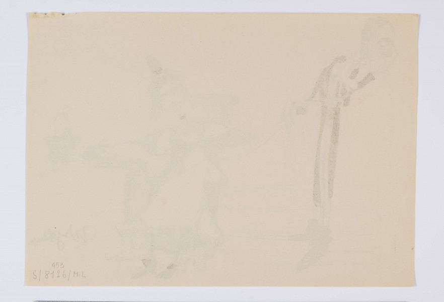 S/G/953/ML - Scena figuralna we wnętrzu przedstawiająca dwie postaci - mężczyznę po lewej i kobietę po prawej. Kobieta siedząca na krześle, ubrana w białą, długą suknię, włosy zaczesane w kok. Lewa ręka skierowana w stronę stojącego obok stołu. Po lewej mężczyzna o smukłej, wydłużonej sylwetce. Odwrócony tyłem do kobiety. Ubrany we frak, spod którego widoczna biała koszula z żabotem. Głowa pochylona, w prawej ręce przyciśnięta do twarzy biała chusteczka. 