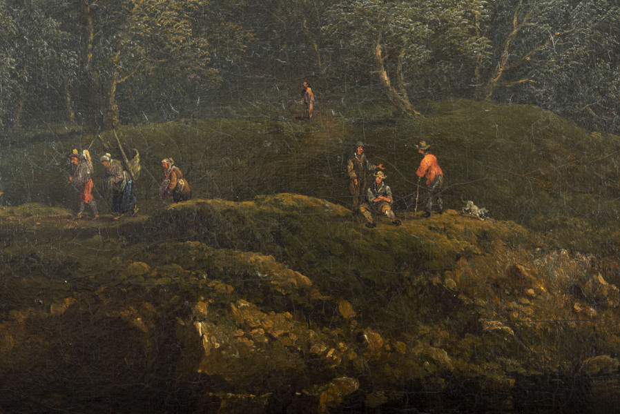 Kompozycja podzielona horyzontalnie na dwie części: na dole pasma gór o łagodnych zboczach porośniętych lasem, u góry niebo z obłokami. Na pierwszym planie jezioro, wokół niego postacie ludzi, po prawej przy krawędzi wysokie drzewo z koroną na tle nieba; barwy ciemne, odcienie zieleni i brązu. Na dalszym planie pasma gór oddalające się do linii dalekiego horyzontu, w odcieniach błękitu z zastosowaniem perspektywy powietrznej. Niebo błękitne rozświetlone od prawej złotym światłem słońca padającym spoza obrazu, w centrum rozwiane podświetlone obłoki; drobne sylwetki lecących ptaków. 