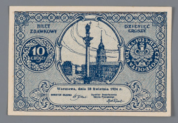 N/Bn/1278/ML - Aw. W ramce z rozetek centralnie w tondzie widok na Plac Zamkowy z kolumną Zygmunta III. Z lewej od góry: BILET / ZDAWKOWY
Niżej wizerunek rewersu monety 10-groszowej. Z prawej od góry: DZIESIĘĆ / GROSZY
Niżej wizerunek awersu monety 10-groszowej
U dołu w owalu: Warszawa, dnia 28 kwietnia 1924 r. / MINISTER SKARBU – Dyrektor Departamentu / Obrotu Państwowego
Podpisy: Władysław Grabski – Feliks Młynarski

Rw. W podwójnej liniowej ramce 13-wierszowy tekst formuły prawnej:
Bilety zdawkowe stanowią prawny środek / płatniczy, mający moc umarzania zobowiązań / do kwoty 10 złotych, przy każdej wypłacie. / Kasy Skarbowe przyjmują bilety zdawkowe / w każdej ilości przy wszelkich wpłatach z wy- / jątkiem tych wpłat, które w myśl obowiązują- / cych przepisów winny być uiszczane w złocie. / Bilety zdawkowe poczynając od dnia 1 li- / stopada 1924 r. będą wymieniane przez Skarb / Państwa na monety zdawkowe względnie bilety Banku Polskiego. Obowiązek dokonania/ przez Skarb Państwa wymiany ustaje z dniem / 31 stycznia 1925 roku.
