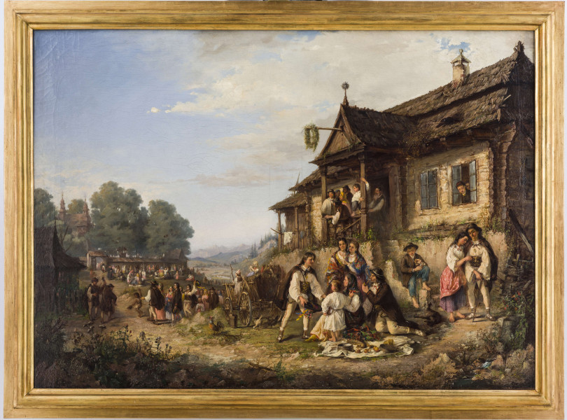 Wielopostaciowa scena przed góralską chatą (karczmą?). Niemal wszystkie postaci w regionalnych strojach góralskich. Po prawej - drewniana, kryta gontem chata z gankiem, na którym stoją dwie kobiety i kilku mężczyzn, wśród nich Żyd; z jednego z okien wyhyla się kobieta (w ciemnej sukni, ze złotą biżuterią i broszą) i spogląda na scenę przed karczmą (?). Kilka osób obserwuje scenę przywitania młodego górala z kobietą i małym chłopcem. Kobieta siedzi na rozłożnej na ziemi tkaninie, obok niej siedzi starszy góral w kapeluszu, z fajką w ustach. Chłopiec, ubrany w białą długą koszulę przewiązaną sznurkiem, opiera się prawą ręką o kobietę, w dłoni trzymając jabłko, pod lewym ramienim trzyma książkę. Młody mężczyzna podchodzi do nich z rozłożonymi rękoma i uśmiechem na twarzy. W prawej dłoni trzyma kapelusz przystrojony wsążkami i stroikiem z kwiatów. Za nimi stoją dwie kobiety - jedna z nich spogląda na wprost, druga wskazuje palcem lewej dłoni na nadchodzącego mężczyznę. Obok na schodach siedzi bosonogi chłopiec oraz stoi para - bosa dziewczyna opiera się o młodego mężczyznę. W centrum obrazu stoi wóz z sianem, na którym siedzi dziewczynka spoglądająca na wprost. Obok niedokończone (?) głowy dwóch koni. W tyle -  wychodzi z doliny orszak weselny i, witany przez dwóch grajków, zmierza w kierunku widocznego (po lewej stronie na pagórku) drewnianego kościoła, otoczonego drzewami. Na horyzoncie widoczne wysokie skaliste szczyty.