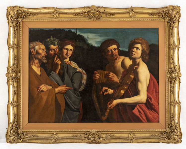 Obraz przedstawia scenę z greckiego mitu o Apollinie i Marsjaszu rozgrywającą się na tle ledwie zarysowanego wieczornego pejzażu. Po lewej król Midas w koronie z ostrymi kolcami i brązowym płaszczu, starzec w wieńcu z dębowych gałazek i szaro-granatowej szacie oraz postać kobiety z pasiastym szalem (bogini Atena?). Po prawej półnagi Apollo z narzuconym na ramię ciemnoczerwonym okryciem graja na wioli i Marsjasz z fletnią Pana w dłoniach odziany w skórę zwierzęcą. Figury ujęte w półpostaci wypełniają pierwszy plan obrazu.