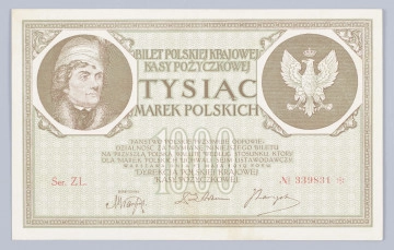 Aw. W ramce, zdobionej dookolnie powtarzalnym motywem M1000M,  w ośmiobokach z lewej wizerunek Tadeusza Kościuszki, z prawej godło państwowe. Centralnie na osi poziomo: BILET POLSKIEJ KRAJOWEJ / KASY POŻYCZKOWEJ / TYSIĄĆ / MAREK POLSKICH
Niżej na tle oznaczenia nominału: 1000 pięciowierszowa klauzula prawna o odpowiedzialności państwa polskiego za wymianę marek polskich na przyszłą walutę polską.
Niżej: DYREKCJA POSLKIEJ KRAJOWEJ / KASY POŻYCZKOWEJ
Podpisy / Ernest Adam, Józef Zarzycki
Z lewej: GŁÓWNY SKARBNIK /  podpis: Marian Karpus
Czerwona farbą od lewej oznaczenie serii i numeru: Ser. ZL. – No 339831 *
Tło w formie falistej siatki.

Rw. W owalu z liśćmi akantu napis: BILET POLSKIEJ KRAJOWEJ KASY POŻYCZKOWEJ
W dolnej części w łuku trzywierszowy napis o sankcjach karnych przewidywanych za podrabianie, fałszowanie i puszczanie w obieg podrobionych lub fałszowanych pieniędzy PKKP. Centralnie godło polskie w giloszowej ornamentalnej kompozycji. U góry i na dole po bokach oznaczenie nominału: 1000
Z prawej od góry na tle ornamentalnej kompozycji i poziomych gęsto usianych linii: TYSIĄC / MAREK POLSKICH / 1000