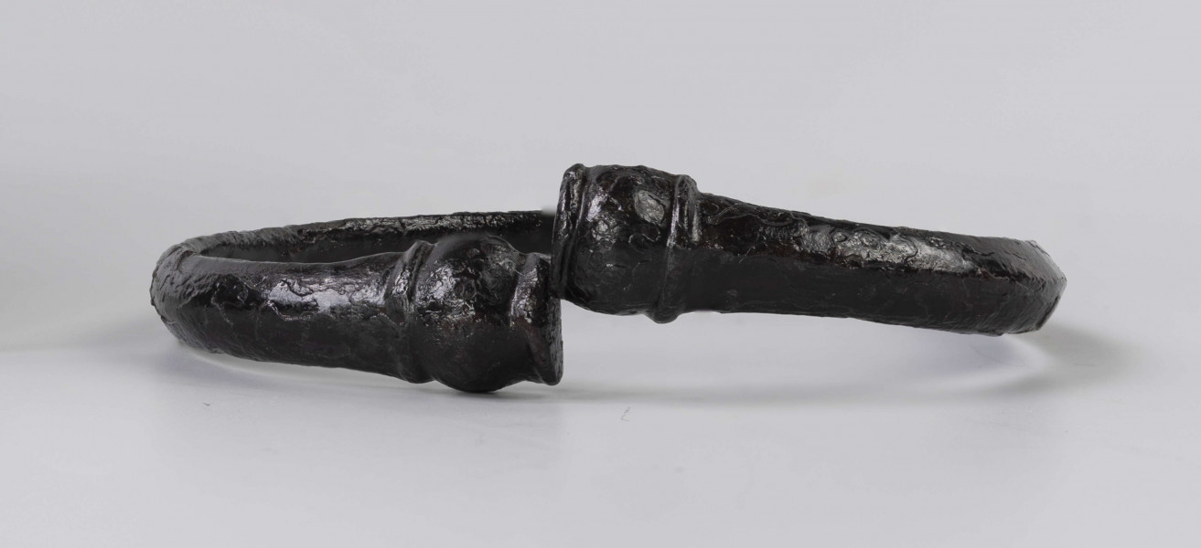 824/A/ML/1 - Żelazna bransoleta ze stylizowanymi wężowymi główkami. W części środkowej przekrój trapezowaty, przy główkach trójkątny.