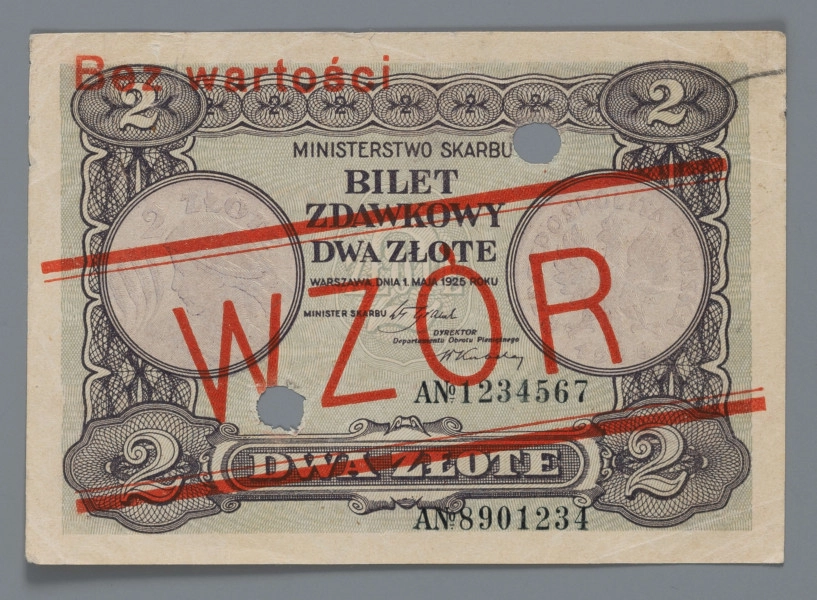 N/Bn/1635/ML - Aw. W giloszowej ramce w rogach i w górnej jej części ozdobne oznaczenia nominału: 2; u dołu w ramce: DWA ZŁOTE Centralnie na osi od gór: MINISTERSTWO SKARBU / BILET / ZDAWKOWY / DWA ZŁOTE / WARSZAWA, DNIA 1 MAJA 1925 ROKU  / MINISTER SKARBU / DYREKTOR / DEPARTAMENTU OBROTU PIENIĘŻNEGO
Podpisy: Władysław Grabski; W. Kubala
Po bokach wizerunek awersu i rewersu monety dwuzłotowej z 1925 r.
Numeracja kolejna podwójnie znaczona: ANo 1234567 i w drugiej linii pod spodem: Ano 8901234

Rw. ramka z giloszowej siatki; w rogach oraz w części górnej i dolnej oznaczenia nominału: 2. W lewym polu rozeta z poziomym napisem ZŁOTE na tle cyfry 2. Nieco z prawej poziomo: DWA / ZŁOTE. Niżej sankcja karna: PODRABIANIE I WSPÓŁDZIAŁANIE / W ROZPOWSZECHNIANIU PODROBIONYCH BILETÓW / ZDAWKOWYCH KARANE JEST CIĘŻKIM WIĘZIENIEM.
Na awersie i rewersie skośnie, między dwoma równoległymi podwójnymi liniami czerwony napis: WZÓR. U góry z lewej w kolorze czerwonym: Bez wartości
Banknot perforowany dwoma dziurkami o średnicy 7 mm.
