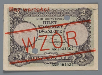 N/Bn/1635/ML N/Bn/1635/ML - Aw. W giloszowej ramce w rogach i w górnej jej części ozdobne oznaczenia nominału: 2; u dołu w ramce: DWA ZŁOTE Centralnie na osi od gór: MINISTERSTWO SKARBU / BILET / ZDAWKOWY / DWA ZŁOTE / WARSZAWA, DNIA 1 MAJA 1925 ROKU / MINISTER SKARBU / DYREKTOR / DEPARTAMENTU OBROTU PIENIĘŻNEGO
Podpisy: Władysław Grabski; W. Kubala
Po bokach wizerunek awersu i rewersu monety dwuzłotowej z 1925 r.
Numeracja kolejna podwójnie znaczona: ANo 1234567 i w drugiej linii pod spodem: Ano 8901234
Rw. ramka z giloszowej siatki; w rogach oraz w części górnej i dolnej oznaczenia nominału: 2. W lewym polu rozeta z poziomym napisem ZŁOTE na tle cyfry 2. Nieco z prawej poziomo: DWA / ZŁOTE. Niżej sankcja karna: PODRABIANIE I WSPÓŁDZIAŁANIE / W ROZPOWSZECHNIANIU PODROBIONYCH BILETÓW / ZDAWKOWYCH KARANE JEST CIĘŻKIM WIĘZIENIEM.
Na awersie i rewersie skośnie, między dwoma równoległymi podwójnymi liniami czerwony napis: WZÓR. U góry z lewej w kolorze czerwonym: Bez wartości
Banknot perforowany dwoma dziurkami o średnicy 7 mm.