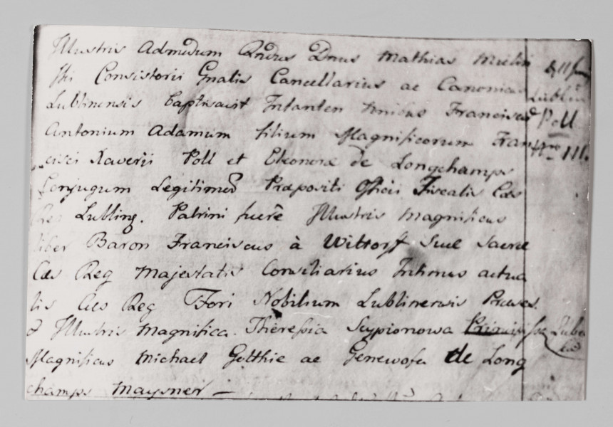 Fotokopia aktu chrztu Franciszka Antoniego Adama Polla - brata Wincentego Pola, poety. Dokument spisany odręcznie, starannym charakterem pisma, czarnym atramentem.