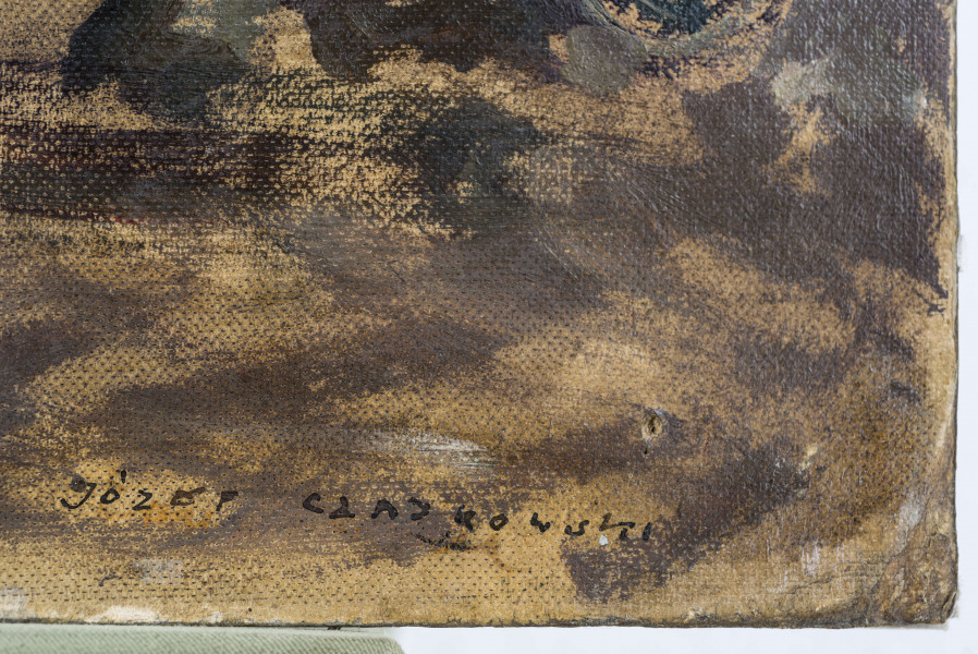 Na pierwszym planie trzy drzewa o bezlistnych gałęziach. Z prawej strony, między drzewami, stragan z parasolem i wózkiem. W tle widoczny fragment architektury krakowskich sukiennic. Widoczne dwa łuki arkad, w podcieniach jarzące się lampy gazowe. Nad jedna z arkad rozświetlone okno. Za straganem, z prawej strony, zarys kamienic pierzei rynku. Nad nimi granatowe niebo. 