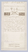 Aw. U góry widoczna część napisu pisanką: BILET SKARBOWY; niżej numer serii : A i napis: 
Uchwała Rady Najwyższej Narod. Dnia 8 Czerw.1794
Niżej, centralnie na osi symbole wolności: czapka frygijska, uzbrojenie sankiulotów, baszty murów więziennych, łańcuchy absolutyzmu, gromy ludu i skrzydła wolności. Wyżej z lewej Orzeł, a  z prawej strony Pogoń. Po bokach napis: Bilet – Skarbowy, a niżej w podwójnej prostokątnej ramce na ciemnym kreskowanym tle wartość nominału: 
25 – DWADZIE/ŚCIAPIĘĆ
Pod spodem tekst uchwały:
Na Dwadzieściapięć Złotych polskich/: rachując z iedney / Grzywny Kolońskiej Złłch polch 84 1/2 Monety / Srebrnej:/ które Skarb Narodowy każdemu Uka= / zicielowi ninieyszego Biletu z funduszow / na umorzenie Biletów Skarbowych prze= / znaczonych y na ogólnych Dobrach Na= / rodowych hypotekowanych zapłaci oraz / we wszelkich dochodach Publicznych we= / dług powyższey Uchwały Rady Naywyż= / szey Narodowey przyimować będzie
Pod tekstem uchwały znaki zabezpieczające, pośrodku centralnie obłamany stempel suchej pieczęci Dyrekcji Biletów Skarbowych z poziomą inskrypcją: WOLNOŚĆ / CAŁOŚĆ / NIEPODLE / GŁOŚĆ i napisem otokowym: * PIECZĘĆ DYREKCYI BILETÓ[W]. Na Bilecie Skarbowym pieczęć nieczytelna. Po bokach litery B – S, wybarwiane chemicznie. Niżej odręczne podpisy komisarzy wybranych spośród mieszczan warszawskich: P. (Piotr) Grozmani, M. (Michał) Zakrzewski i numer w owalnej ramce: 27593

Rw. Czysty bez nadruków. 