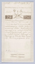 Aw. U góry widoczna część napisu pisanką: BILET SKARBOWY; niżej numer serii : A i napis: 
Uchwała Rady Najwyższej Narod. Dnia 8 Czerw.1794
Niżej, centralnie na osi symbole wolności: czapka frygijska, uzbrojenie sankiulotów, baszty murów więziennych, łańcuchy absolutyzmu, gromy ludu i skrzydła wolności. Wyżej z lewej Orzeł, a  z prawej strony Pogoń. Po bokach napis: Bilet – Skarbowy, a niżej w podwójnej prostokątnej ramce na ciemnym kreskowanym tle wartość nominału: 
25 – DWADZIE/ŚCIAPIĘĆ
Pod spodem tekst uchwały:
Na Dwadzieściapięć Złotych polskich/: rachując z iedney / Grzywny Kolońskiej Złłch polch 84 1/2 Monety / Srebrnej:/ które Skarb Narodowy każdemu Uka= / zicielowi ninieyszego Biletu z funduszow / na umorzenie Biletów Skarbowych prze= / znaczonych y na ogólnych Dobrach Na= / rodowych hypotekowanych zapłaci oraz / we wszelkich dochodach Publicznych we= / dług powyższey Uchwały Rady Naywyż= / szey Narodowey przyimować będzie
Pod tekstem uchwały znaki zabezpieczające, pośrodku centralnie obłamany stempel suchej pieczęci Dyrekcji Biletów Skarbowych z poziomą inskrypcją: WOLNOŚĆ / CAŁOŚĆ / NIEPODLE / GŁOŚĆ i napisem otokowym: * PIECZĘĆ DYREKCYI BILETÓ[W]. Na Bilecie Skarbowym pieczęć nieczytelna. Po bokach litery B – S, wybarwiane chemicznie. Niżej odręczne podpisy komisarzy wybranych spośród mieszczan warszawskich: P. (Piotr) Grozmani, M. (Michał) Zakrzewski i numer w owalnej ramce: 27593

Rw. Czysty bez nadruków. 
