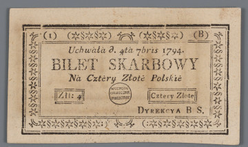 N/Bn/487/ML - Aw. W prostokątnej zamkniętej ramce ornament z symboli paragrafu i gwiazdy, w góry w nawiasach w nawiasach oznaczenie serii: I – B. W polu środkowym, w wewnątrz podwójnej ramki napisy od góry:
UCHWAŁA d. 4ta 7bris 1794. / BILET SKARBOWY / Na Cztery Złote Polskie
niżej, pośrodku w napis w kształcie pieczęci: WOLNOŚĆ/CAŁOŚĆNIE/PODLEGŁOŚĆ, a po bokach w prostokątnych podwójnych ramkach: ZŁŁ:4 – Cztery Złote
U dołu: DYREKCYA B.S.

Rw. Faksymile podpisu w układzie poziomym: F. MALINOWSKI

Zabezpieczenie: Znak zabezpieczający w postaci napisu ZŁŁ:4 umieszczony w podwójnej prostokątnej ramce.