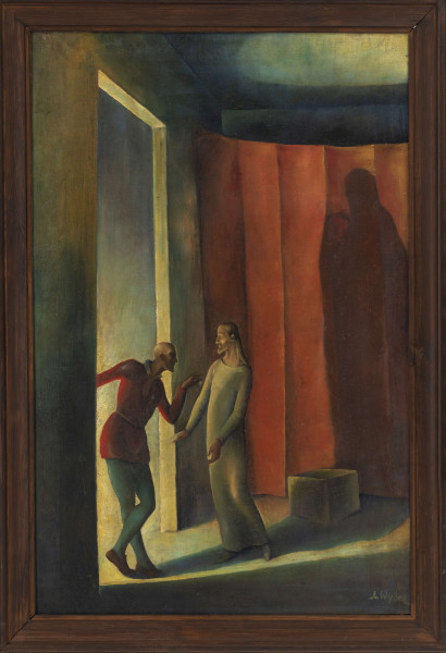 Stylizowana scena ewangeliczna we wnętrzu – kuszenie Chrystusa. Postać Chrystusa w jasnej szacie z długimi rękawami ujęta centralnie, zwrócona w lewą stronę. Obie ręce wyciągnięte ku stojącemu z lewej strony łysemu, pochylonemu mężczyźnie ze spiczastą bródką, który ubrany jest w czerwony, przepasany kaftan z białym kołnierzykiem oraz szmaragdowe rajtuzy. Mężczyzna w zgiętej, wyciągniętej lewej dłoni podaje Chrystusowi złotą monetę. Postać mężczyzny wyłania się z otworu drzwi, które zajmują całą lewą stronę płótna. W głębi, za Chrystusem widoczny leżący na podłodze kubiczny podest oraz rozwieszona na tle ściany kotara o oranżowo-czerwonej barwie. Postaci rzucają wyraźne cienie. Cień Chrystusa, o monumentalnej skali, widoczny jest na kotarze. Barwy opalizujące – zielenie, ugry, żółcienie z akcentami czerwieni, oranżu. Obraz malowany gładko.