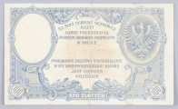 Aw. W ramce z motywem motyli i akantu centralnie od góry: BANK POLSKI / STO ZŁOTYCH / WARSZAWA / DN 28 LUTEGO 1919 ROKU / DYREKCJA BANKU POLSKIEGO / GŁÓWNY SKARBNIK
Podpisy: Stanisław Karpiński, Zygmunt Chamiec / Marian Karpus
Dwa ozdobne medaliony; w lewym wizerunek Tadeusza Kościuszki, w prawym znak wodny z podobizną wodza z profilu. Pod medalionami dwukrotnie powtórzona numeracja i oznaczenie wartości: No. / S.B. 3503968 / 100 / STO
U dołu centralnie: STO / ZŁOTYCH

Rw. W ramce zdobionej rozetkami i motywem akantu centralnie od góry w łuku: NA MOCY UCHWAŁY SEJMOWEJ, a niżej poziomo: BILETY / BANKU POLSKIEGO SĄ / PRAWNYM ŚRODKIEM PŁATNICZYM / W POLSCE
Niżej: PODRABIANIE BILETÓW I WSPÓŁDZIAŁANIE W ICH ROZPOWSZECHNIANIU KARANE / JEST CIĘŻKIM / WIĘZIENIEM
Pomiędzy klauzulami prawnymi wartość: 100
Dwa ozdobne medaliony; w lewym znak wodny z podobizną Tadeusza Kościuszki z profilu, w prawym godło państwa polskiego.
W dolnych rogach ozdobne tonda z wartością: 100 - cyfry ozdobne.
U dołu sygnatura wytwórni.