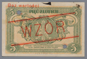 N/Bn/1636/ML - Aw. W siatkowej ramce w rogach rozetki z oznaczeniem nominału: 5. W stylizowanych wieńcach, w lewym polu wizerunek rewersu monety 5-złotowej, w prawym natomiast napis poziomo: MINISTERSTWO SKARBU / BILET ZDAWKOWY / PIĘĆ MZŁOTYCH / WARSZAWA, DNIA 1. MAJA 1925
Niżej mniejszą czcionką: MINISTER SKARBU / DYREKTOR / DEPATAMENTU OBROTU PIENIĘŻNEGO
oraz towarzszące temu podpisy, odpowiednio: Władysław Grabski, W. Kubala
Centralnie na osi pionowej symbole rolnictwa, przemysłu i handlu. U dołu podwójnie znaczona seria i kolejna numeracja: ANo 1234567 / ANo 8901234

Rw. W siatkowej ramce w rogach rozetki z oznaczeniem nominału 5; w górnej jej części centralnie poziomo napis PIĘĆ ZŁOTYCH. W polu środkowym tondo ujęte wstęgowym oplotem z godłem państwowym. Niżej w owalnej ramce sankcja: PODRABIANIE I WSPÓŁDZIAŁANIE W ROZPOWSZEHNIANIU PODROBIONYCH / BILETÓW ZDAWKOWYCH KARANE JEST CIĘŻKIM WIĘZIENIEM.
Dwustronny czerwony ukośny nadruk pomiędzy podwójnymi liniami: WZÓR oraz dodatkowy czerwony dwustronny napis, u góry z lewej: Bez wartości