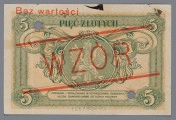 N/Bn/1636/ML - Aw. W siatkowej ramce w rogach rozetki z oznaczeniem nominału: 5. W stylizowanych wieńcach, w lewym polu wizerunek rewersu monety 5-złotowej, w prawym natomiast napis poziomo: MINISTERSTWO SKARBU / BILET ZDAWKOWY / PIĘĆ MZŁOTYCH / WARSZAWA, DNIA 1. MAJA 1925
Niżej mniejszą czcionką: MINISTER SKARBU / DYREKTOR / DEPATAMENTU OBROTU PIENIĘŻNEGO
oraz towarzszące temu podpisy, odpowiednio: Władysław Grabski, W. Kubala
Centralnie na osi pionowej symbole rolnictwa, przemysłu i handlu. U dołu podwójnie znaczona seria i kolejna numeracja: ANo 1234567 / ANo 8901234

Rw. W siatkowej ramce w rogach rozetki z oznaczeniem nominału 5; w górnej jej części centralnie poziomo napis PIĘĆ ZŁOTYCH. W polu środkowym tondo ujęte wstęgowym oplotem z godłem państwowym. Niżej w owalnej ramce sankcja: PODRABIANIE I WSPÓŁDZIAŁANIE W ROZPOWSZEHNIANIU PODROBIONYCH / BILETÓW ZDAWKOWYCH KARANE JEST CIĘŻKIM WIĘZIENIEM.
Dwustronny czerwony ukośny nadruk pomiędzy podwójnymi liniami: WZÓR oraz dodatkowy czerwony dwustronny napis, u góry z lewej: Bez wartości