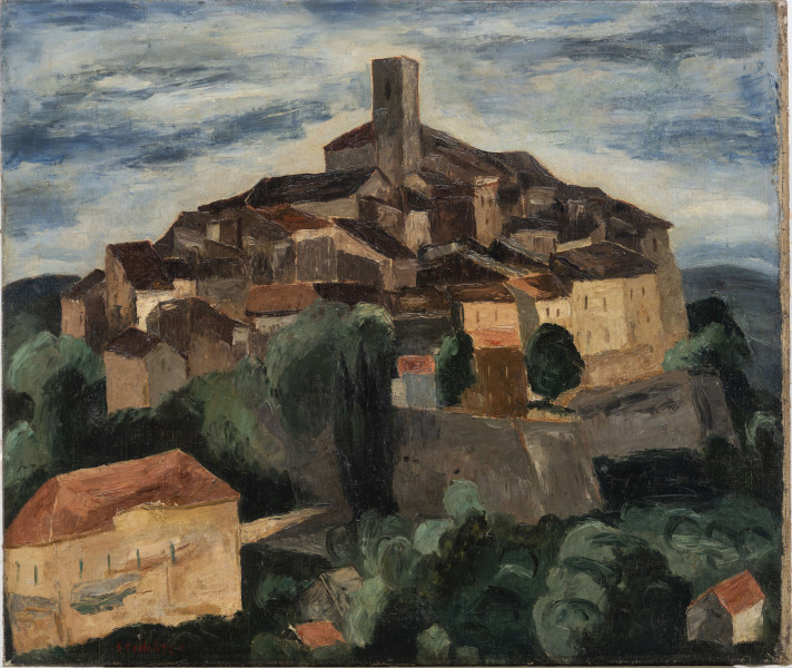 Pejzaż architektoniczny w ciemnych barwach: brązach, zieleniach,  szarościach i błękitach. W centrum kompozycji wzgórze zabudowane przylegającymi do siebie kamiennymi budynkami z jednospadowymi dachami. Pośrodku wysoka wieża. Przed murami otaczającymi kompleks korony drzew. Na pierwszym planie w lewym rogu duży dom. Nad zabudowaniami pochmurne niebo.