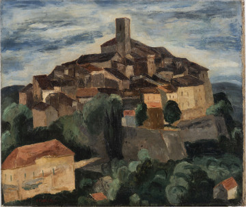 Pejzaż architektoniczny w ciemnych barwach: brązach, zieleniach,  szarościach i błękitach. W centrum kompozycji wzgórze zabudowane przylegającymi do siebie kamiennymi budynkami z jednospadowymi dachami. Pośrodku wysoka wieża. Przed murami otaczającymi kompleks korony drzew. Na pierwszym planie w lewym rogu duży dom. Nad zabudowaniami pochmurne niebo.