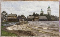 Na pierwszym planie wzburzone jezioro zalewające brzeg ze znajdującym się tu pomostem. W głębi, wzdłuż linii horyzontu widoczne są domy i drzewa, a z prawej strony biała bryła kościoła ze strzelistą wieżą i kopułą.
