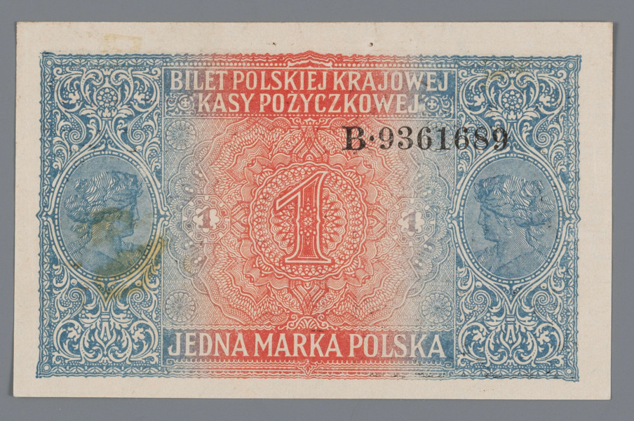 N/Bn/124/ML - Aw. Z lewej w czerwonym bogato zdobionym kartuszu Orzeł polski. Z prawej u góry: JEDNA MARKA POLSKA. Niżej 4-wierszowy tekst: 
Rzesza Niemiecka przyjmuje odpo- / wiedzialność za spłatę biletów Polskiej / Krajowej Kasy Pożyczkowej w Markach / Niemieckich po cenie nominalnej.
Niżej:
Zarząd Generał-Gubernatorstwa / Warszawskiego / Warszawa, dn. 9-go grudnia 1916 roku Faksymilowane podpisy: von Kries, Ueberschaer, von Conrad 
Niżej graficzne przedstawienie pieczęci Zarządu Generał-Gubernatorstwa Warszawskiego w kolorze czerwonym na wstędze z oznaczeniem nominału. po bokach data: 19 – 17 i nominał 1 – 1. U dołu sankcja  za fałszowanie pieniędzy, w 3 wierszach.

Rw. Z lewej i prawej medaliony z żeńskimi głowami. Napis, u góry:
BILET POLSKIEJ KRAJOWEJ / KASY POŻYCZKOWEJ
u dołu:
JEDNA MARKA POLSKA
Pośrodku oznaczenie nominału: 1
Seria i numer: B.9361689

