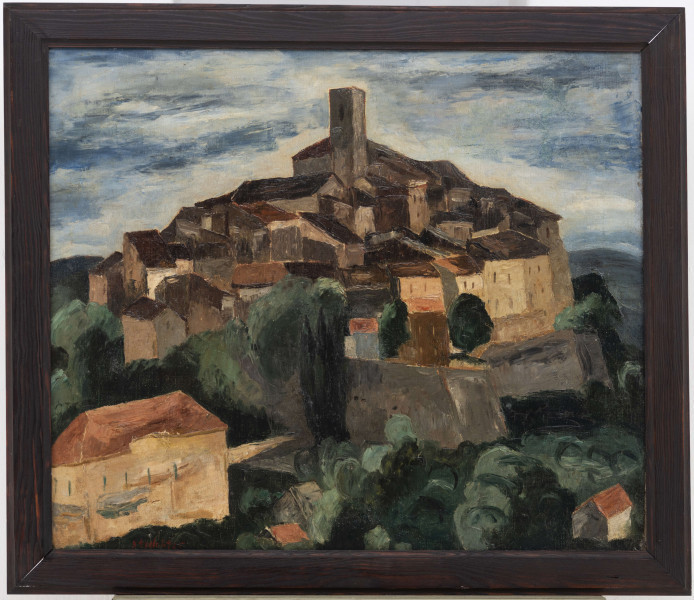 Pejzaż architektoniczny w ciemnych barwach: brązach, zieleniach,  szarościach i błękitach. W centrum kompozycji wzgórze zabudowane przylegającymi do siebie kamiennymi budynkami z jednospadowymi dachami. Pośrodku wysoka wieża. Przed murami otaczającymi kompleks korony drzew. Na pierwszym planie w lewym rogu duży dom. Nad zabudowaniami pochmurne niebo.