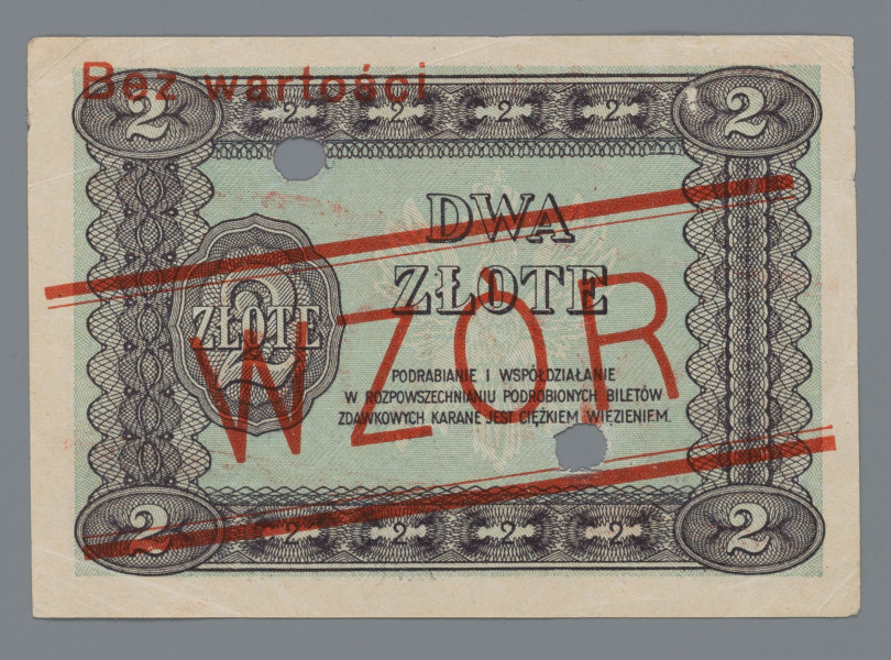 N/Bn/1635/ML - Aw. W giloszowej ramce w rogach i w górnej jej części ozdobne oznaczenia nominału: 2; u dołu w ramce: DWA ZŁOTE Centralnie na osi od gór: MINISTERSTWO SKARBU / BILET / ZDAWKOWY / DWA ZŁOTE / WARSZAWA, DNIA 1 MAJA 1925 ROKU  / MINISTER SKARBU / DYREKTOR / DEPARTAMENTU OBROTU PIENIĘŻNEGO
Podpisy: Władysław Grabski; W. Kubala
Po bokach wizerunek awersu i rewersu monety dwuzłotowej z 1925 r.
Numeracja kolejna podwójnie znaczona: ANo 1234567 i w drugiej linii pod spodem: Ano 8901234

Rw. ramka z giloszowej siatki; w rogach oraz w części górnej i dolnej oznaczenia nominału: 2. W lewym polu rozeta z poziomym napisem ZŁOTE na tle cyfry 2. Nieco z prawej poziomo: DWA / ZŁOTE. Niżej sankcja karna: PODRABIANIE I WSPÓŁDZIAŁANIE / W ROZPOWSZECHNIANIU PODROBIONYCH BILETÓW / ZDAWKOWYCH KARANE JEST CIĘŻKIM WIĘZIENIEM.
Na awersie i rewersie skośnie, między dwoma równoległymi podwójnymi liniami czerwony napis: WZÓR. U góry z lewej w kolorze czerwonym: Bez wartości
Banknot perforowany dwoma dziurkami o średnicy 7 mm.
