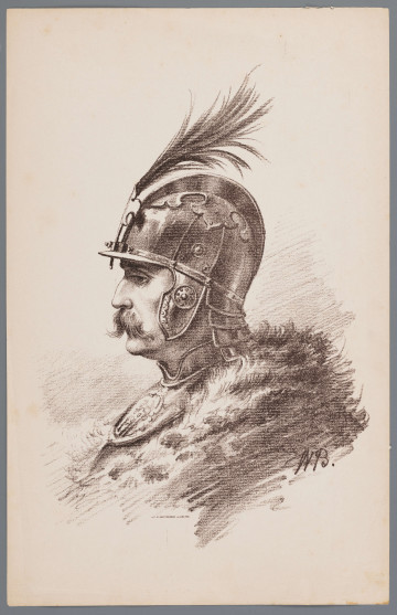 ML/H/1561/2 - Popiersie mężczyzny w zbroi husarskiej, profilem. Na głowie chełm rycerski z ozdobiony piórami. Na ramionach futro. Twarz poważna, z wąsami. Głowa i detale chełmu opracowane szczegółowo i dokładnie, dolna część zbroi i futro- szkicowo.