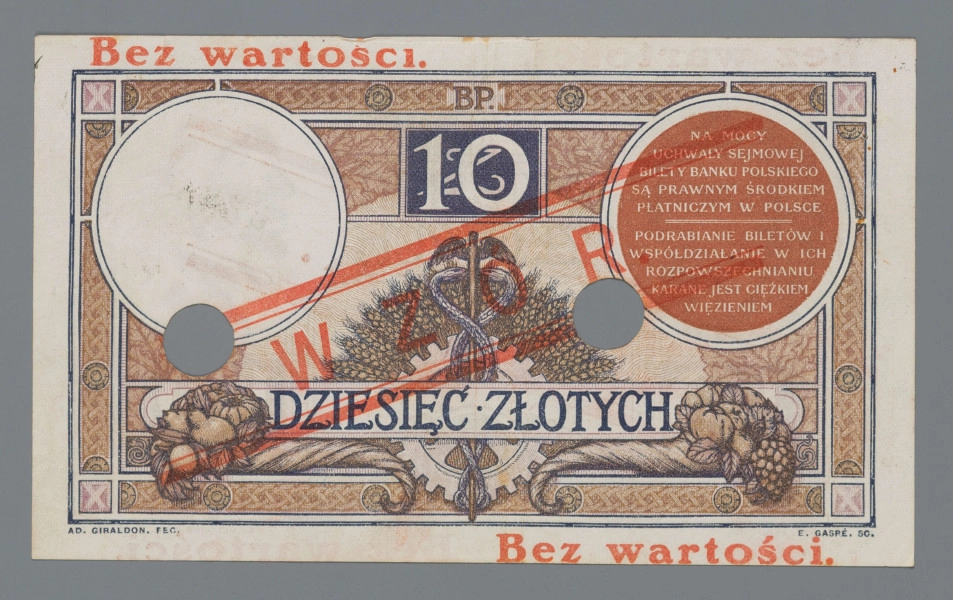 N/Bn/1620/ML - Aw. W prostej podwójnej ramce, od góry na osi: BANK POLSKI / DZIESIĘĆ / ZŁOTYCH / [WAR]SZAWA dn. 28 Lutego 1919 roku. / Dyrekcja Banku Polskiego. Podpisy: Stanisław Karpiński – Zygmunt Chamiec. Po bokach tonda; z lewej z wizerunkiem Tadeusza Kościuszki; z prawej znak wodny - wizerunek Tadeusza Kościuszki z profilu, na którym odbity ręcznie kolejny numer wzoru: 3300. Niżej pod tondami w prostokątnych ramkach oznaczenie wartości: 10, na tle ozdobnej litery: Z. U dołu centralnie na fragmencie wieńca z liści dębu tondo z godłem państwa polskiego i literami B – P. Seria i numer: S.4.A. – 096314. U dołu pod ramką od lewej sygnatury autorów: AD. GIRALDON. FEC. – E. DELOCHE & CH. CLEMÉNT. SC.

Rw. W prostej podwójnej ramce dwa tonda; z lewej ze znakiem wodnym - wizerunek Tadeusza Kościuszki z profilu; z prawej z zakomponowaną poziomo klauzulą i sankcją karną, rozdzielonymi podwójną pozioma linią: NA MOCY / UCHWAŁY SEJMOWEJ / BILETY BANKU POLSKIEGO / SĄ PRAWNYM ŚRODKIEM / PŁATNICZYM W POLSCE / ----------- / PODRABIANIE BILETÓW I / WSPÓŁDZIAŁANIE W ICH / ROZPOWSZECHNIANIU / KARANE JEST CIĘŻKIM / WIĘZIENIEM
Centralnie od góry monogram BP. i oznaczenie wartości: 10. Niżej kompozycja z symbolami rolnictwa, handlu i przemysłu. W ramce: DZIESIĘĆ . ZŁOTYCH
W dołu pod ramką od lewej sygnatury autorów: AD. GIRALDON. FEC. – E. GASPÉ. SC
Dwustronne napisy w kolorze czerwonym: u góry z lewej i u dołu z prawej strony: Bez wartości oraz napis: WZÓR (z kropką), zakomponowany skośnie pomiędzy dwiema równoległymi podwójnymi liniami. Banknot perforowany dwiema dziurkami o średnicy 12 mm.
