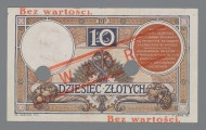 N/Bn/1620/ML - Aw. W prostej podwójnej ramce, od góry na osi: BANK POLSKI / DZIESIĘĆ / ZŁOTYCH / [WAR]SZAWA dn. 28 Lutego 1919 roku. / Dyrekcja Banku Polskiego. Podpisy: Stanisław Karpiński – Zygmunt Chamiec. Po bokach tonda; z lewej z wizerunkiem Tadeusza Kościuszki; z prawej znak wodny - wizerunek Tadeusza Kościuszki z profilu, na którym odbity ręcznie kolejny numer wzoru: 3300. Niżej pod tondami w prostokątnych ramkach oznaczenie wartości: 10, na tle ozdobnej litery: Z. U dołu centralnie na fragmencie wieńca z liści dębu tondo z godłem państwa polskiego i literami B – P. Seria i numer: S.4.A. – 096314. U dołu pod ramką od lewej sygnatury autorów: AD. GIRALDON. FEC. – E. DELOCHE & CH. CLEMÉNT. SC.

Rw. W prostej podwójnej ramce dwa tonda; z lewej ze znakiem wodnym - wizerunek Tadeusza Kościuszki z profilu; z prawej z zakomponowaną poziomo klauzulą i sankcją karną, rozdzielonymi podwójną pozioma linią: NA MOCY / UCHWAŁY SEJMOWEJ / BILETY BANKU POLSKIEGO / SĄ PRAWNYM ŚRODKIEM / PŁATNICZYM W POLSCE / ----------- / PODRABIANIE BILETÓW I / WSPÓŁDZIAŁANIE W ICH / ROZPOWSZECHNIANIU / KARANE JEST CIĘŻKIM / WIĘZIENIEM
Centralnie od góry monogram BP. i oznaczenie wartości: 10. Niżej kompozycja z symbolami rolnictwa, handlu i przemysłu. W ramce: DZIESIĘĆ . ZŁOTYCH
W dołu pod ramką od lewej sygnatury autorów: AD. GIRALDON. FEC. – E. GASPÉ. SC
Dwustronne napisy w kolorze czerwonym: u góry z lewej i u dołu z prawej strony: Bez wartości oraz napis: WZÓR (z kropką), zakomponowany skośnie pomiędzy dwiema równoległymi podwójnymi liniami. Banknot perforowany dwiema dziurkami o średnicy 12 mm.
