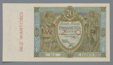 N/Bn/1623/ML - Aw. W prostej ramce centralnie ozdobny owalny kartusz z treścią: Bank Polski / DWADZIEŚCIA / ZŁOTYCH / Warszawa D. 1 Marca 1926 R. / PREZES BANKU / NACZELNY DYREKTOR / SKARBNIK
Odpowiednio podpisy: Stanisława Karpińskiego, Władysława Mieczkowskiego, Stanisława Orczykowskiego.
Po bokach kartusza postacie, z lewej sybmolizująca rolnictwo, z prawej przemysł. Oznaczenie nominału w rogach ramki i w kartuszu centralnie na środku u góry - 20 oraz słownie: DWADZIEŚCIA – ZŁOTYCH. W ramce na osi poziomej splecione litery: BP – BP. U dołu w  seria i numer: SER.S – 0245678. Na marginesie znak wodny, popiersie Kazimierza Wielkiego i nadruk w kolorze czerwonym pionowo do góry: BEZ WARTOŚCI

Rw. W prostej ramce u góry napis: BANK POLSKI. Niżej dwa równoległe tonda z wizerunkami Banku Polskiego; w lewym stary budynek z 1828 r. (na Placu Bankowym), w prawym budynek z okresu międzywojennego przy ul. Bielańskiej. Tonda rozdzielone kaduceuszem - atrybutem Hermesa, boga handlu. Nad tondami skośnie oznaczenie nominału - 20, poniżej splecione litery BP. Niżej w ramce napis: DWADZIEŚCIA ZŁOTYCH. U dołu godło państwa polskiego, bo bokach ramki z napisami; z lewej: BILETY / BANKU POLSKIEGO / SĄ PRAWNYM / ŚRODKIEM PŁATNICZYM / W POLSCE
z prawej: PODRABIANIE - USIŁOWANIE / PODRABIANIA - PUSZCZANIE / W OBIEG - LUB - USIŁOWANIE / PUSZCZANIA W OBIEG / PODROBIONYCH BILETÓW / BANKU POSLKIEGO PODLEGA / KARZE CIĘŻKIEGO WIĘZIENIA
Oznaczenie nominału w ramce na osi poziomej: 20 – 20. Czerwony poziomy nadruk: WZÓR
Na marginesie znak wodny, popiersie króla Kazimierza Wielkiego i pionowy czerwony nadruk skierowany do dołu: BEZ WARTOŚCI
