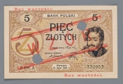 N/Bn/1619/ML - Aw. W prostej ramce, w tle z motywami arabeski i rogami obfitości, od góry z lewej:
5 – BANK POLSKI – 5. Niżej, centralnie: PIĘĆ / ZŁOTYCH. Po bokach w tondach; z lewej: 5 i Z; z prawej wizerunek księcia Józefa Poniatowskiego. Nieco niżej między tondami: PREZES BANKU; podpis: Stanisław Karpiński. Niżej: NACZELNY DYREKTOR – SKARBNIK; niżej odpowiednio podpisy: Władysław Mieczkowski – Stanisław Orczykowski. W dolnej części ramki od lewej: II EM. A – Warszawa / 15 lipca 1924 r. – 332953


Rw. W  ramce z motywami roślinnymi, w górnej  części centralnie: BANK POLSKI,  w rogach monogramy: BP. W polu środkowym, na tle ornamentu akantu, centralnie u góry w łuku: PIĘĆ ZŁOTYCH; niżej klauzula: Bilety Banku Polskiego są / prawnym środkiem płatniczym. Po bokach w tondach; z lewej godło państwa polskiego, z prawej oznaczenie nominału: 5 na tle ozdobnej litery Z. U dołu w ramce centralnie sankcja: PORABIANIE BILETÓW, USIŁOWANIE PODRABIANIA, / PUSZCZANIE W OBIEG LUB USIŁOWANIE PUSZCZENIA / W OBIEG PODROBIONYCH BILETÓW PODLEGA / KAROM, WYMIENIONYM w ART. 50-m STATUTU BANKU
Po bokach w sześciokątnych ramkach wartość: 5.
Dwustronne napisy w kolorze czerwonym: u góry z lewej i u dołu z prawej strony: Bez wartości oraz napis: WZÓR, zakomponowany skośnie pomiędzy dwiema równoległymi podwójnymi liniami. Banknot perforowany dwiema dziurkami o średnicy około 10 mm.