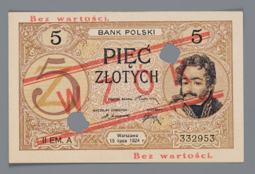 N/Bn/1619/ML - Aw. W prostej ramce, w tle z motywami arabeski i rogami obfitości, od góry z lewej:
5 – BANK POLSKI – 5. Niżej, centralnie: PIĘĆ / ZŁOTYCH. Po bokach w tondach; z lewej: 5 i Z; z prawej wizerunek księcia Józefa Poniatowskiego. Nieco niżej między tondami: PREZES BANKU; podpis: Stanisław Karpiński. Niżej: NACZELNY DYREKTOR – SKARBNIK; niżej odpowiednio podpisy: Władysław Mieczkowski – Stanisław Orczykowski. W dolnej części ramki od lewej: II EM. A – Warszawa / 15 lipca 1924 r. – 332953


Rw. W  ramce z motywami roślinnymi, w górnej  części centralnie: BANK POLSKI,  w rogach monogramy: BP. W polu środkowym, na tle ornamentu akantu, centralnie u góry w łuku: PIĘĆ ZŁOTYCH; niżej klauzula: Bilety Banku Polskiego są / prawnym środkiem płatniczym. Po bokach w tondach; z lewej godło państwa polskiego, z prawej oznaczenie nominału: 5 na tle ozdobnej litery Z. U dołu w ramce centralnie sankcja: PORABIANIE BILETÓW, USIŁOWANIE PODRABIANIA, / PUSZCZANIE W OBIEG LUB USIŁOWANIE PUSZCZENIA / W OBIEG PODROBIONYCH BILETÓW PODLEGA / KAROM, WYMIENIONYM w ART. 50-m STATUTU BANKU
Po bokach w sześciokątnych ramkach wartość: 5.
Dwustronne napisy w kolorze czerwonym: u góry z lewej i u dołu z prawej strony: Bez wartości oraz napis: WZÓR, zakomponowany skośnie pomiędzy dwiema równoległymi podwójnymi liniami. Banknot perforowany dwiema dziurkami o średnicy około 10 mm.