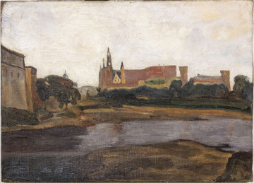 Na pierwszym planie widok rzeki. Po lewej stronie, za rzeką zabudowania oraz drzewo o rozłożystej koronie. W głębi wzgórze z zamkiem. Między rzeką a zamkiem szeroki pas zieleni. W tle biało-szare niebo. Oraz w ciemnej tonacji. 