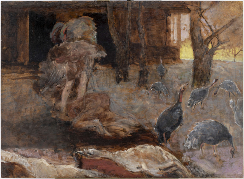 Na podwórku wiejskim stadko indyków. Na pierwszym planie dwa białe z wyciągniętymi szyjami skierowane w lewą stronę. Pozostałe, ciemne, znajdują się z prawej strony obrazu oraz w jego głębi. W lewej strony widoczna postać odwrócona tyłem, ze skrzydłami. Postać ta depcze inną, szkicową potraktowaną postać, u ktorej widoczne są różki. Z prawej strony bezlistne drzewa. W głębi ciemna bryła zabudowania z otwartymi drzwiami. 