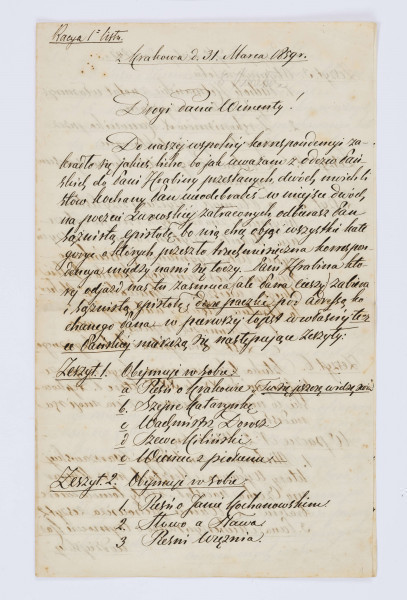 Rękopis listu Szymona Dutkiewicza do Wincentego Pola napisany na czterech kartach A4. Karty pożókłe, pismo bardzo staranne, czytelne, duże litery pisane czarnym atramentem, pismo pochylone na prawą stronę. Wszystkie strony zapisane, margines z lewej strony 2 cm.