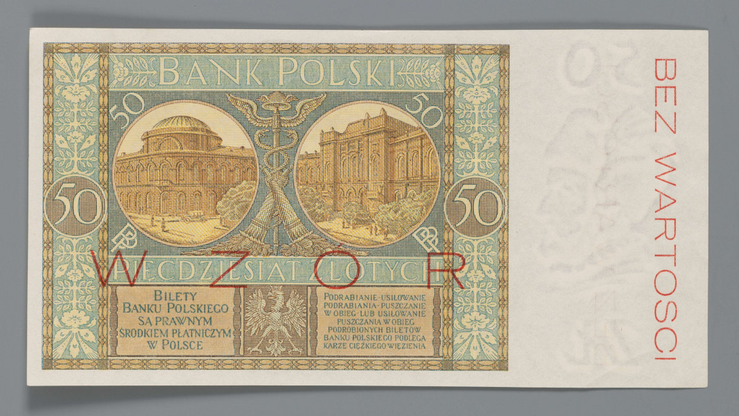N/Bn/1627/ML - Aw. W prostej ramce centralnie ozdobny owalny kartusz z treścią: Bank Polski / PIĘĆDZIESIĄT / ZŁOTYCH / Warszawa D. 28 SIERPNIA 1925 R. / PREZES BANKU / NACZELNY DYREKTOR / SKARBNIK
Odpowiednio podpisy: Stanisława Karpińskiego, Władysława Mieczkowskiego, Stanisława Orczykowskiego.
Po bokach kartusza postacie, z lewej sybmolizująca rolnictwo, z prawej przemysł. Oznaczenie nominału w rogach ramki i w kartuszu centralnie na środku u góry - 50 oraz słownie: PIĘĆDZIESIĄT  – ZŁOTYCH. W ramce na osi poziomej splecione litery: BP – BP. U dołu  seria i numer: Ser.A. – 0245678. Na marginesie znak wodny, popiersie króla Stefana Batorego i nadruk w kolorze czerwonym pionowo do góry: BEZ WARTOŚCI

Rw. W prostej ramce u góry napis: BANK POLSKI. Niżej dwa równoległe tonda z wizerunkami Banku Polskiego; w lewym stary budynek z 1828 r. (na Placu Bankowym), w prawym budynek z okresu międzywojennego przy ul. Bielańskiej. Tonda rozdzielone kaduceuszem - atrybutem Hermesa, boga handlu. Nad tondami skośnie oznaczenie nominału - 50, poniżej splecione litery BP. Niżej w ramce napis: PIĘĆDZIESIĄT ZŁOTYCH. U dołu godło państwa polskiego, bo bokach ramki z napisami; z lewej: BILETY / BANKU POLSKIEGO / SĄ PRAWNYM / ŚRODKIEM PŁATNICZYM / W POLSCE
z prawej: PODRABIANIE - USIŁOWANIE / PODRABIANIA - PUSZCZANIE / W OBIEG - LUB - USIŁOWANIE / PUSZCZANIA W OBIEG / PODROBIONYCH BILETÓW / BANKU POLSKIEGO PODLEGA / KARZE CIĘŻKIEGO WIĘZIENIA
Oznaczenie nominału w ramce na osi poziomej w tondach: 50 – 50. Czerwony poziomy nadruk: WZÓR
Na marginesie znak wodny, popiersie króla Stefana Batorego i pionowy czerwony nadruk skierowany do dołu: BEZ WARTOŚCI

