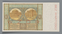 N/Bn/1627/ML - Aw. W prostej ramce centralnie ozdobny owalny kartusz z treścią: Bank Polski / PIĘĆDZIESIĄT / ZŁOTYCH / Warszawa D. 28 SIERPNIA 1925 R. / PREZES BANKU / NACZELNY DYREKTOR / SKARBNIK
Odpowiednio podpisy: Stanisława Karpińskiego, Władysława Mieczkowskiego, Stanisława Orczykowskiego.
Po bokach kartusza postacie, z lewej sybmolizująca rolnictwo, z prawej przemysł. Oznaczenie nominału w rogach ramki i w kartuszu centralnie na środku u góry - 50 oraz słownie: PIĘĆDZIESIĄT  – ZŁOTYCH. W ramce na osi poziomej splecione litery: BP – BP. U dołu  seria i numer: Ser.A. – 0245678. Na marginesie znak wodny, popiersie króla Stefana Batorego i nadruk w kolorze czerwonym pionowo do góry: BEZ WARTOŚCI

Rw. W prostej ramce u góry napis: BANK POLSKI. Niżej dwa równoległe tonda z wizerunkami Banku Polskiego; w lewym stary budynek z 1828 r. (na Placu Bankowym), w prawym budynek z okresu międzywojennego przy ul. Bielańskiej. Tonda rozdzielone kaduceuszem - atrybutem Hermesa, boga handlu. Nad tondami skośnie oznaczenie nominału - 50, poniżej splecione litery BP. Niżej w ramce napis: PIĘĆDZIESIĄT ZŁOTYCH. U dołu godło państwa polskiego, bo bokach ramki z napisami; z lewej: BILETY / BANKU POLSKIEGO / SĄ PRAWNYM / ŚRODKIEM PŁATNICZYM / W POLSCE
z prawej: PODRABIANIE - USIŁOWANIE / PODRABIANIA - PUSZCZANIE / W OBIEG - LUB - USIŁOWANIE / PUSZCZANIA W OBIEG / PODROBIONYCH BILETÓW / BANKU POLSKIEGO PODLEGA / KARZE CIĘŻKIEGO WIĘZIENIA
Oznaczenie nominału w ramce na osi poziomej w tondach: 50 – 50. Czerwony poziomy nadruk: WZÓR
Na marginesie znak wodny, popiersie króla Stefana Batorego i pionowy czerwony nadruk skierowany do dołu: BEZ WARTOŚCI

