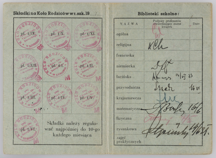 ML/MART/289 - Legitymacja składek Koła Rodziców przy Gimnazjum Państwowym im. hetm. Jana Zamoyskiego w Lublinie na rok szkolny 1938/39 wystawiona na nazwisko Maciąg Stanisław, uczeń klasy I M, na leigtymacji pieczątki opłaconych składek oraz oznaczenia rozliczenia się z biblioteką szkolną 