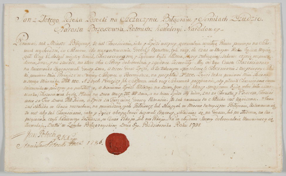 ML/H/588 - Dokument ustalający obciążenie szarwarkowe mieszkańców Biłgoraja wydany przez Jana Potockiego, dziedzica Szczuczyna, Biłgoraja i Sernik, starosty brzostowskiego, rotmistrza kawalerii narodowej. Treść dotyczy wysokości szarwarków dla mieszczan biłgorajskich w wysokości 2/3 dla chrześcijan i 1/3 od Żydów. Rękopis w języku polskim. Dwie karty. Zapisana jedna strona. Pieczęć lakowa. Podpisy: wystawcy z roku powstania dokumentu oraz Stanisława Potockiego z 1786 r.