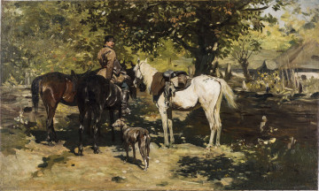 Na pierwszym planie trzy osiodłane konie, gniady i kary stojące tyłem, bokiem siwy. Przed końmi stoi chart. Na karym koniu siedzi jeżdziec. Ubrany jest w jasno brązową kurtkę, granatowe spodnie, buty z cholewami. Na głowie ma czapkę. Za siwym koniem drzewo z rozpostartą, bujnie ulistnioną koroną. Z lewej strony w tle jasnozielone drzewa. Z prawej strony w tle dworek, przed którym rosną słoneczniki i wierzba.